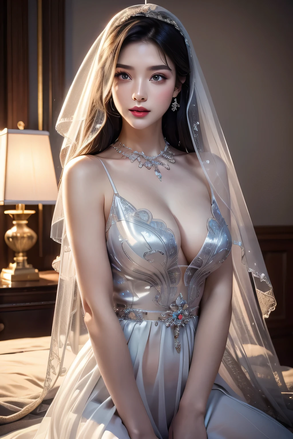 High-quality work，Realistic works，Super premium graphics，8K HD CG works，high quality graphics，High-definition and exquisite CG works，10x pixels，Ultra-fine details：1.1，Advanced technical details：1.1Realistic photo effects，Interior lighting effects：1.5，natural soft light：1.5. Light effect（Virtual light effects：1.8），ultra high resolution，shining dress，sliver long hair，silber hair，transparenthair，high detailed hair（Quality hair details：1.1）Clear eyes，Double eyelids look good，Sharp eye makeup, Create exquisite eyelash makeup, tthin eyebrows, Ultra-detailed eyes，a tall nose, lovely red lips, rosey cheeks, With delicate makeup on her face , pretty face, The face shape is perfectly proportioned,（Advanced facial details：1.1）Black hair, Gradient hair, There are precious stones on the forehead, rimless eyewears, mouth veil, Sparkling pupils，long eyelasher, grin, hyper photorealism, Cinematic lighting, projected inset, surrealism, hyper HD, Masterpiece, 16k，Lie down，dream on，Wear transparent silk pajamas，entangled，Tattooed with，Fantasy space，Luxurious space, ，Women's artwork，Dress full body video，Realism，Amazing Cleavage，My eyes are very bright today
