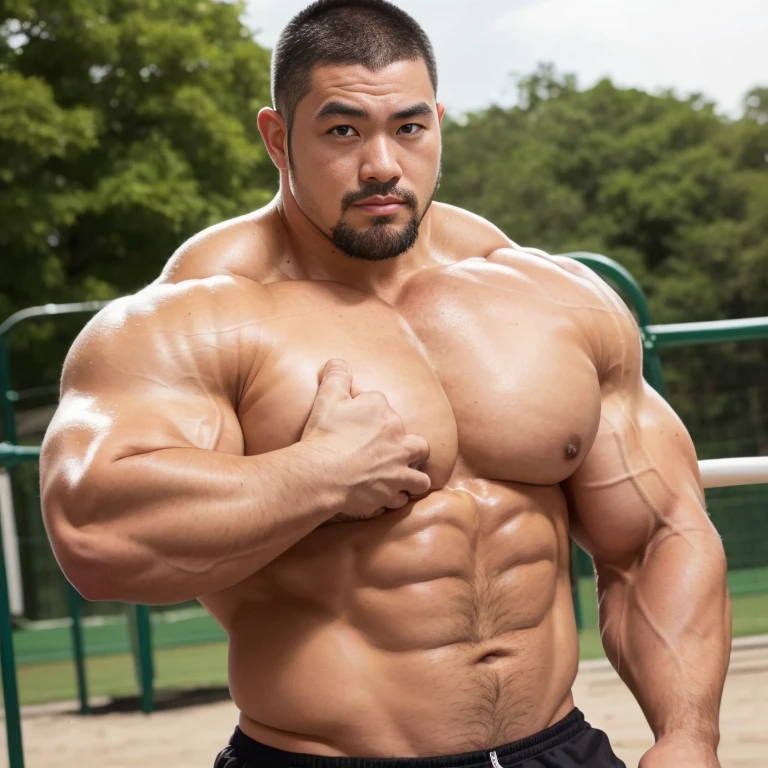 (sexy look:1.2), (hugging each other:1.2), (sports wear:1.2), (at play ground:1.2), Japanese man, manly face, (round face:1.2), (monolid eyes:1.2), (crew cut:1.2), very large and strong body, bulky body, beefy muscles, (bulging muscles:1.2), (very large pectoral muscles:1.2), (muscular arms:1.2), muscular abs, muscular legs, muscular back, bright oily skin, (realistic:1.2), distant view