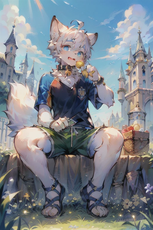 Masterpiece, high quality, absurd resolution, digital painting \ (artwork \), by dagasi, Yupa, Kiyosan, (fluffy fur, white fur, full body fur,). Boy, blue eyes, white hair, shorts, sandals, bright eyes, panorama, character focus. Detailed background, eating, outdoors, castle in the sky, (bells, pet collars, sportswear: 1.2)
