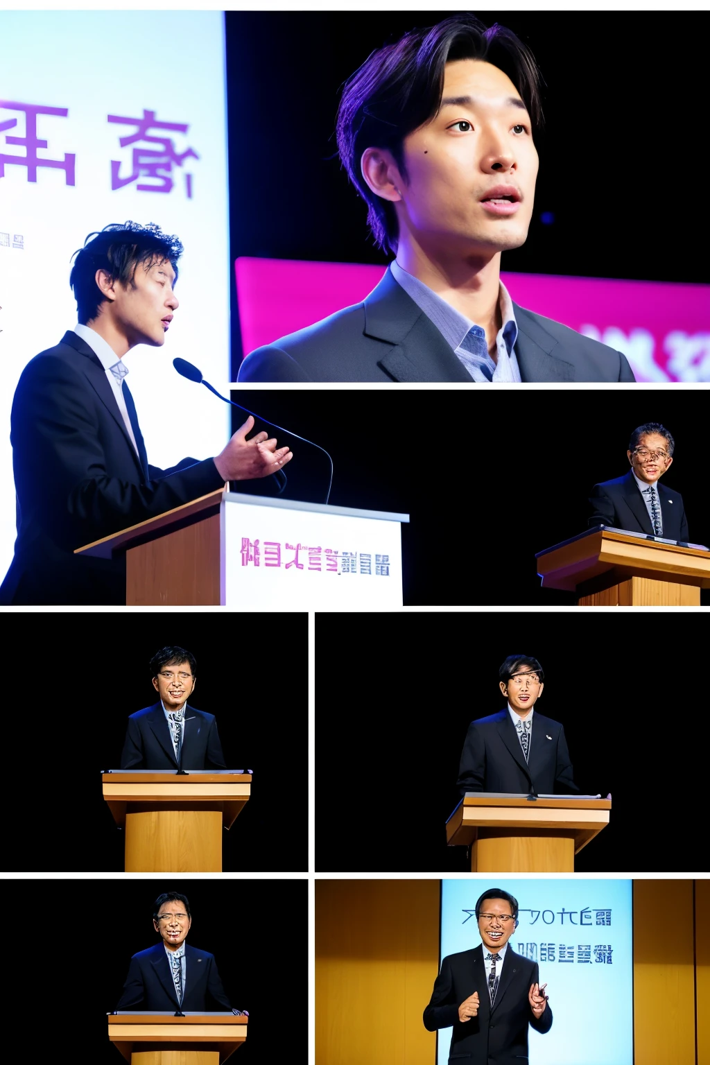 Two men speaking at the podium。The image should show the entire screen.。There is an image of a sugoroku board on the screen.。