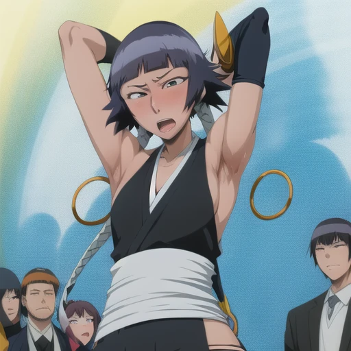 ( Anime screenshots:1.1),outdoor,
1 girl, alone, black hair, side breasts,permanent, short hair with long locks, japanese clothing, Hip vents, no underwear,short hair, small breasts, (white eyes:1.1),No eyeballs, Also available in black, Do not wear a headdress,low double braids,Facing the audience, looking at the audience, tired, from below, (Show armpits:1.3), Sexy, Sweat,(ahegao), (Roll your eyes), naughty face, blush, open mouth, Sticking out tongue, saliva, Slobber,Runny nose,skinny, raise arms, (arms above head:1.5)