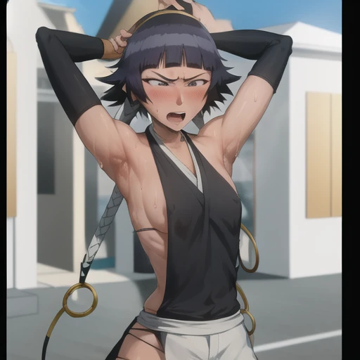 ( Anime screenshots:1.1),outdoor,
1 girl, alone, black hair, side breasts,permanent, short hair with long locks, japanese clothing, Hip vents, no underwear,short hair, small breasts, (white eyes:1.1),No eyeballs, Also available in black, Do not wear a headdress,low double braids,Facing the audience, looking at the audience, tired, from below, (Show armpits:1.3), Sexy, Sweat,(ahegao), (Roll your eyes), naughty face, blush, open mouth, Sticking out tongue, saliva, Slobber,Runny nose,skinny, raise arms, (arms above head:1.5)