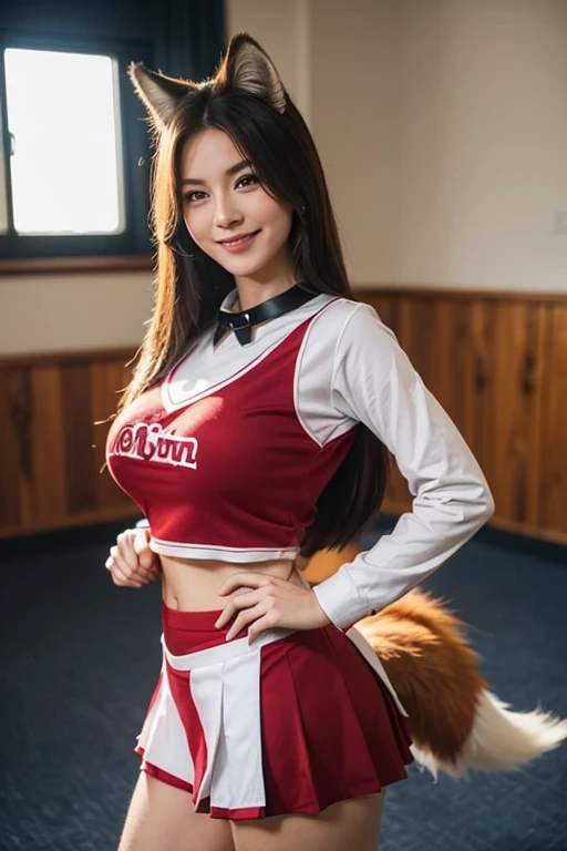 ((highest quality)), ((masterpiece)), (get used to it), perfect face, fox girl, Beautiful woman, public, A tail is growing, she has a fluffy tail, she has a fox tail, she wags her tail, smile, collar, She is wearing a cheerleader uniform, beautiful hips, big breasts , big tail