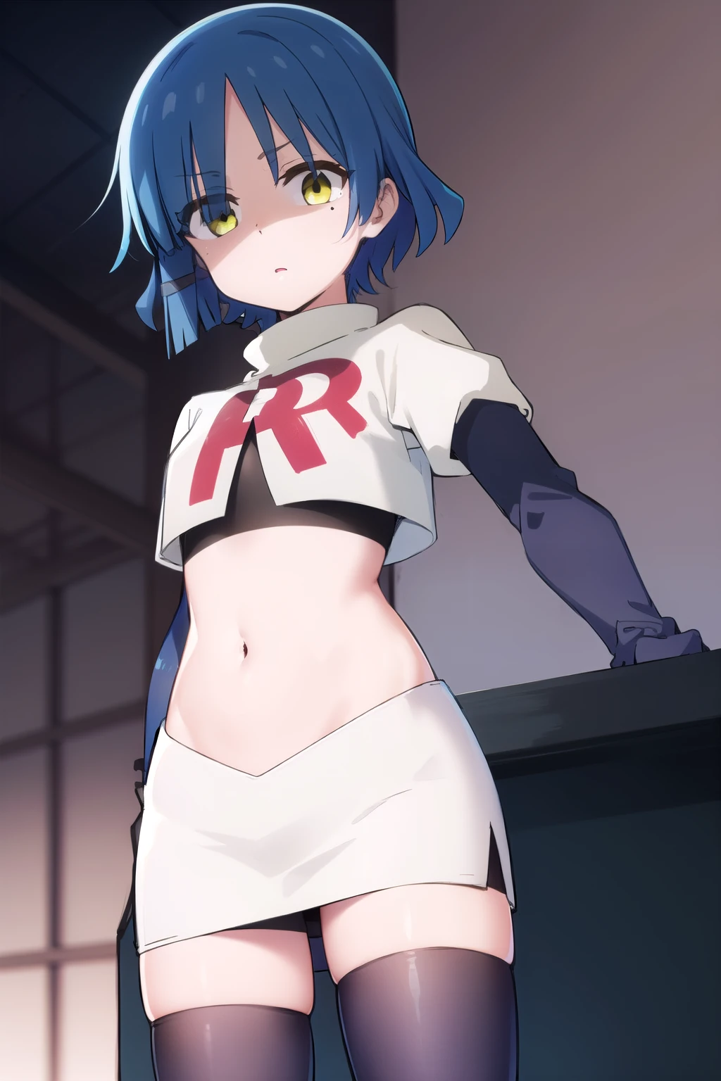 ryouyamada, ryou yamada, blue hair, eyes visible through hair, mole, mole under eye, short hair, (yellow eyes:1.3), hairclips,
BREAK team rocket,team rocket uniform,white skirt,red letter R,crop top,black thigh-highs,black elbow gloves
BREAK looking at viewer, (cowboy shot:1.5),
BREAK (masterpiece:1.2), best quality, high resolution, unity 8k wallpaper, (illustration:0.8), (beautiful detailed eyes:1.6), extremely detailed face, perfect lighting, extremely detailed CG, (perfect hands, perfect ???????),