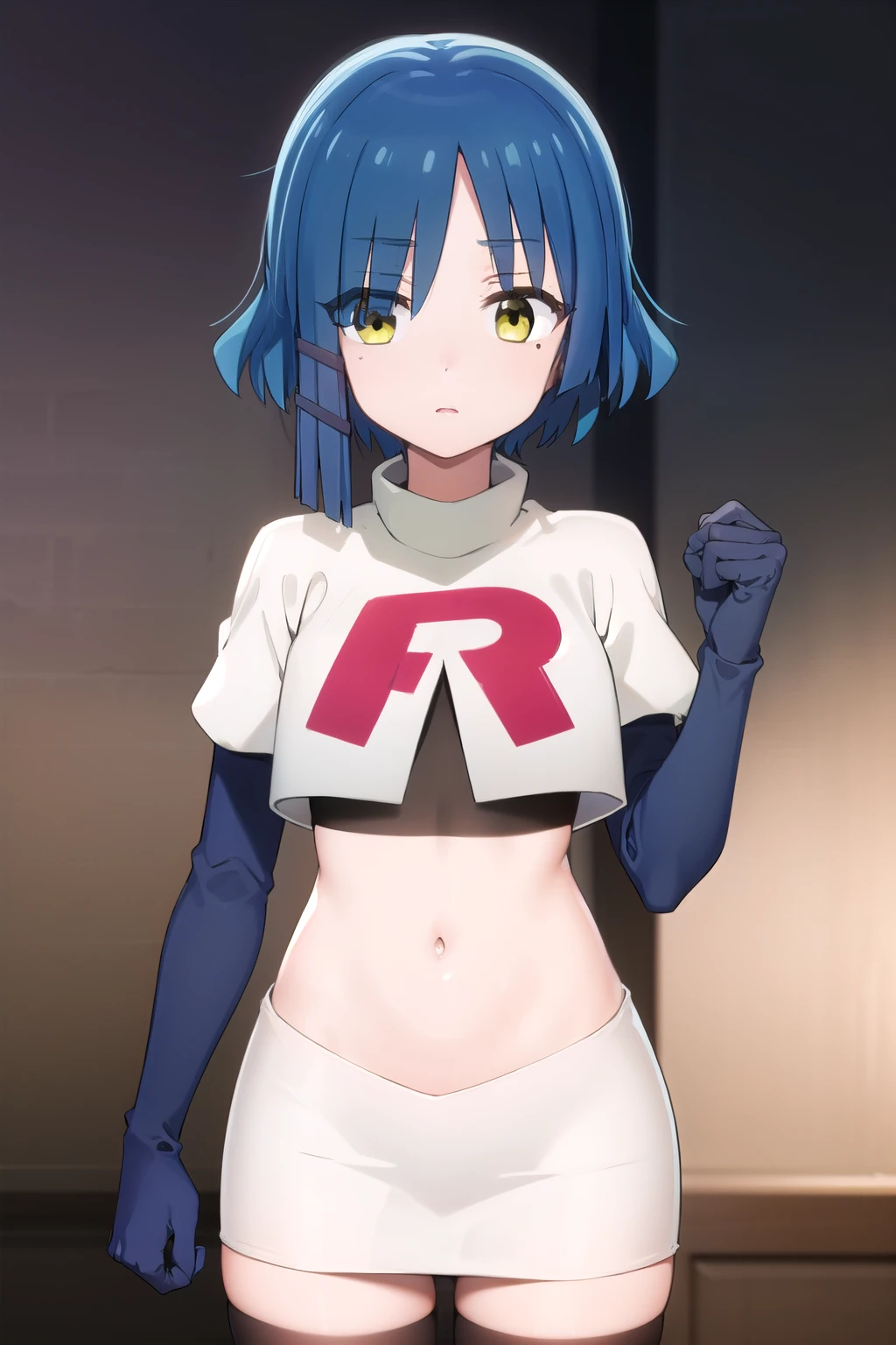 ryouyamada, ryou yamada, blue hair, eyes visible through hair, mole, mole under eye, short hair, (yellow eyes:1.3), hairclips,
BREAK team rocket,team rocket uniform,white skirt,red letter R,crop top,black thigh-highs,black elbow gloves
BREAK looking at viewer, (cowboy shot:1.5),
BREAK (masterpiece:1.2), best quality, high resolution, unity 8k wallpaper, (illustration:0.8), (beautiful detailed eyes:1.6), extremely detailed face, perfect lighting, extremely detailed CG, (perfect hands, perfect anatomy),