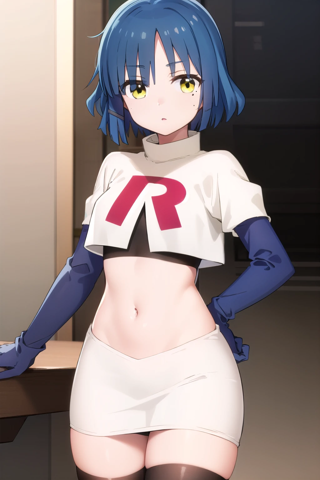 ryouyamada, ryou yamada, blue hair, eyes visible through hair, mole, mole under eye, short hair, (yellow eyes:1.3), hairclips,
BREAK team rocket,team rocket uniform,white skirt,red letter R,crop top,black thigh-highs,black elbow gloves
BREAK looking at viewer, (cowboy shot:1.5),
BREAK (masterpiece:1.2), best quality, high resolution, unity 8k wallpaper, (illustration:0.8), (beautiful detailed eyes:1.6), extremely detailed face, perfect lighting, extremely detailed CG, (perfect hands, perfect ???????),