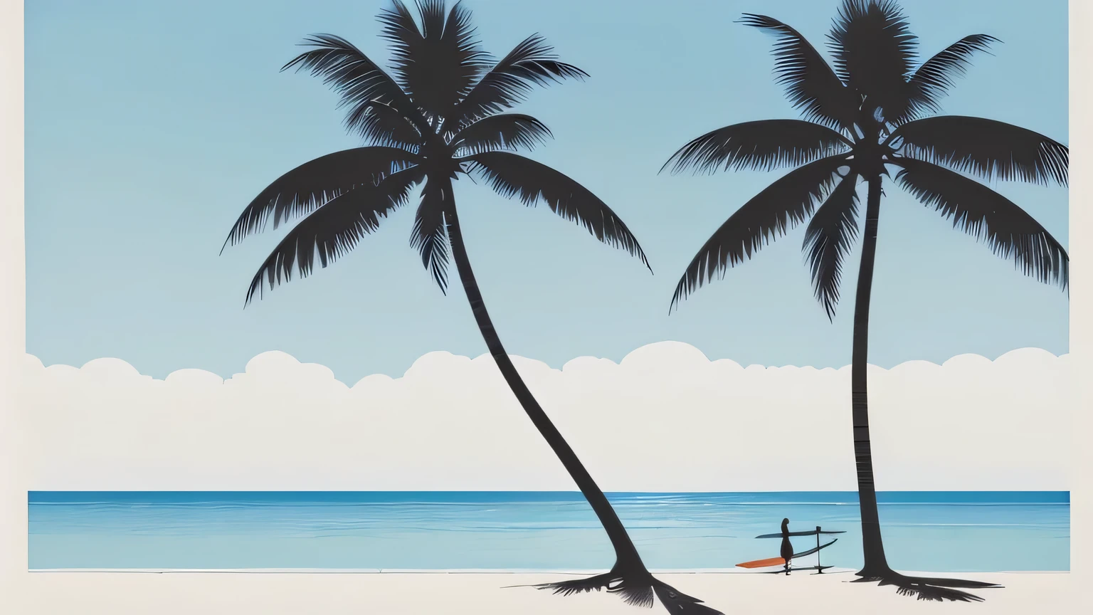 A simple illustration by Hiroshi Nagai On the other side of the pool Summer blue sky and beach Tranquil scenery calm sea One tall palm tree Seagull silhouette 2Two surfboards