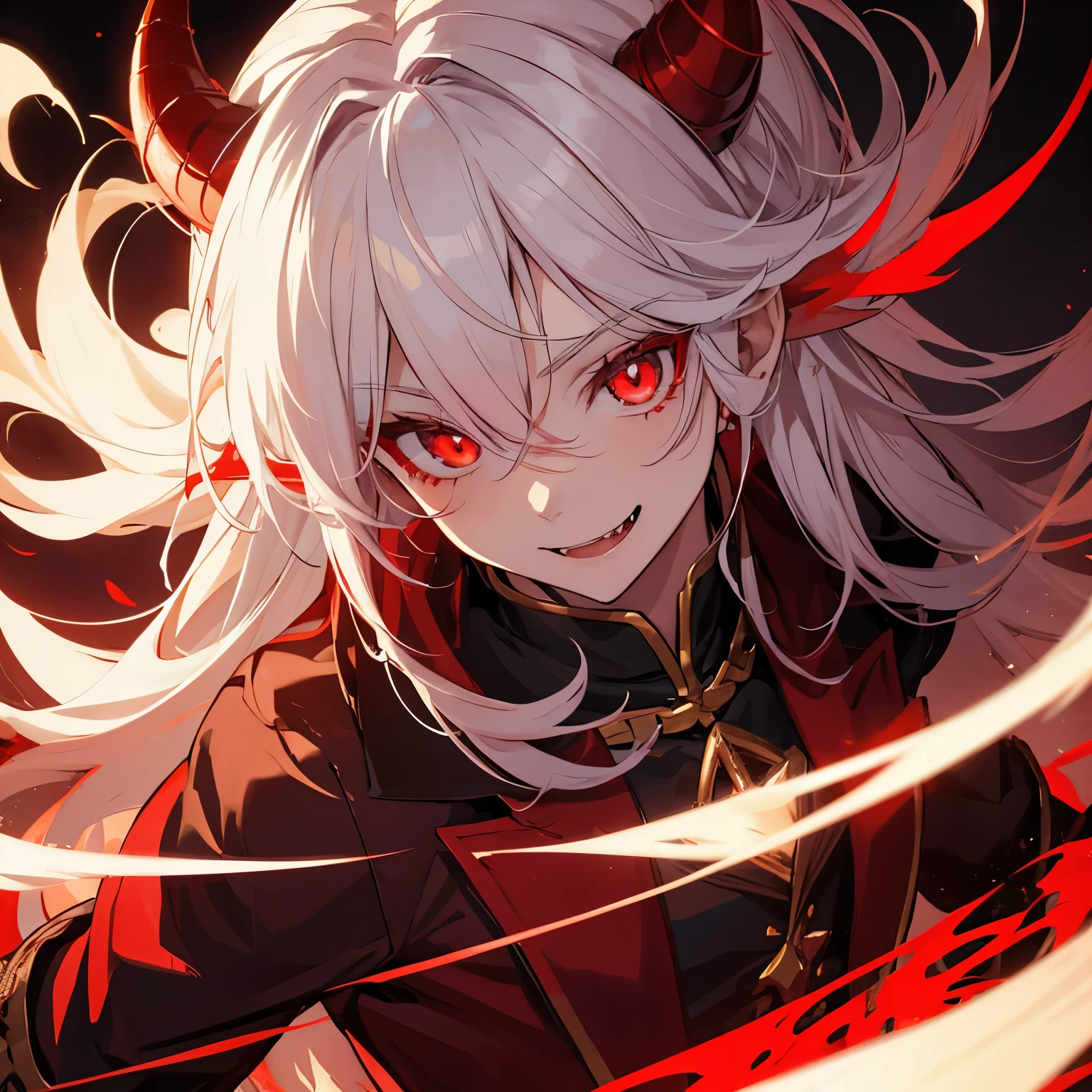 Cute little devil boy, anime style, Long white hair mixed with red strands, big very detailed crimson eyes, cute fangs, devil&#39;s horns, Crimson cloak with gold accents, Best results, very detailed, magnificent composition, 4k, portrait, realistic lighting, cute smile