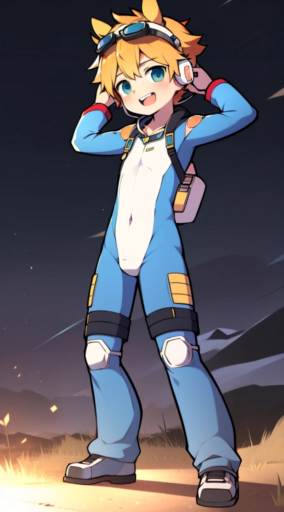 2D Boy Shota，One-piece mountaineering suit，Slim, healthy body，Put the headphones on your head，stand up，goggles，Rabbit ears，happy