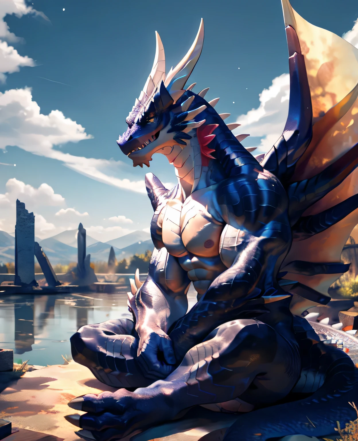 dragon,alone,paw,teeth,crawler,chest muscles, peak, teethAdult,alone,dragon tail,sit down,meditate,4K,best quality,HD,whole body,paw,naked,looking at the audience,chest muscles, pink nipples, Six-pack abs,biceps,pride,soft shadow,majestic,Detailed face,HD eyes,keen vision,eyes sparkling,Gorgeous,brave,confident smile,Strong,Mature,wilderness,ruins,river,Blue sky and white clouds,The sun shines，With wings，With wings