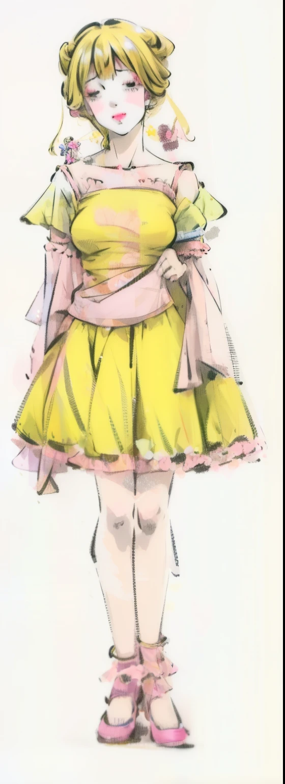 a drawing of a woman in a yellow dress and pink shoes, colored sketch, in dress, aya takano color style, anime styled, pink and yellow, full body:: sunny weather::, an anime girl, wearing skirt, anime princess, cute anime waifu in a nice dress, style of magical girl, dressed in a frilly ((ragged))