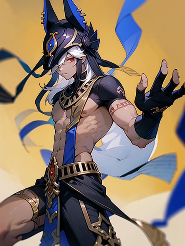 1boy, solo, long white hair, red eyes, dark tanned skin, cyno genshin impact, bare chest, golden accessories, dark pants, black fingerless gloves, head mask hat jackal, muscle body, athletic muscle body, 4K