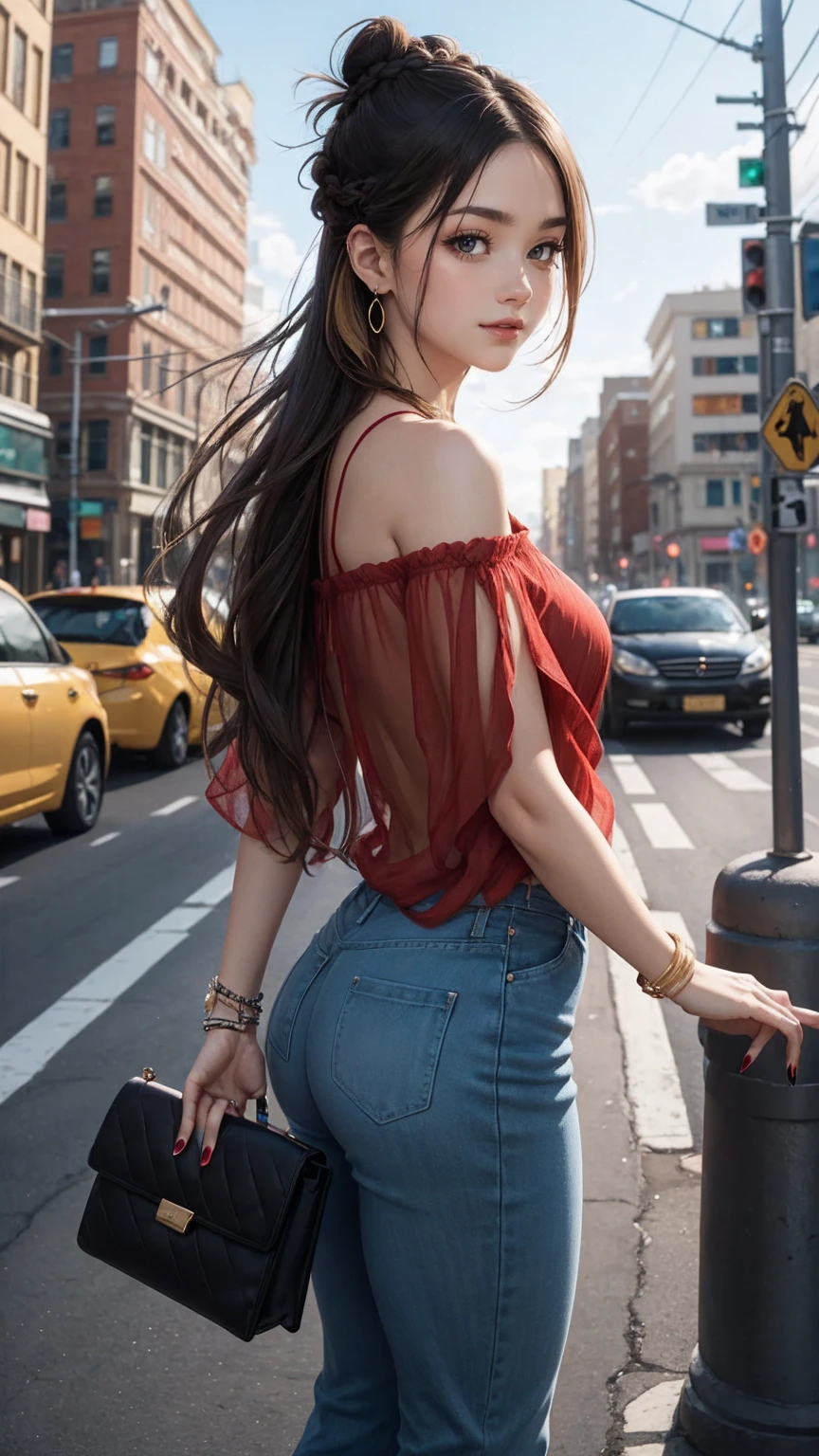 (最high quality, 8K, masterpiece: 1.3, Ultra HD, high quality, 最high quality, High resolution, realism)) 、25 year old white woman、brunette、blue eyes、long hair、smile、slender、slenderだがアスリートのような細マッチョ、I don&#39;t want my head to disappear from the screen.、Wear accessories on your wrist、Wearing red nail polish、I have a peticure、Wear a sheer, off-the-shoulder bodycon top、wear sandals、have a clutch bag、Skyscraper background、Waiting for a traffic light at an intersection、crystal earrings((crystal earrings))、inner color((colored inner hair))、long hair ((long hair))、dark blonde、Braided topknot((braided bun))