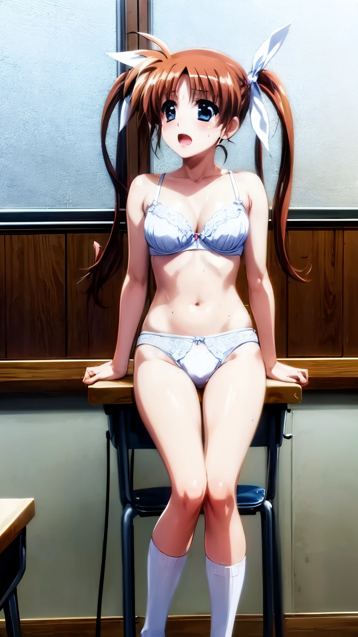 highest quality,best quality,1girl,big breasts,orgasm,blush, sweat,Nanoha Takamachi,takamati nanoha,((long hair,twintail:1.3)),hair ribbon,white bra,white panties,lace panties,classroom