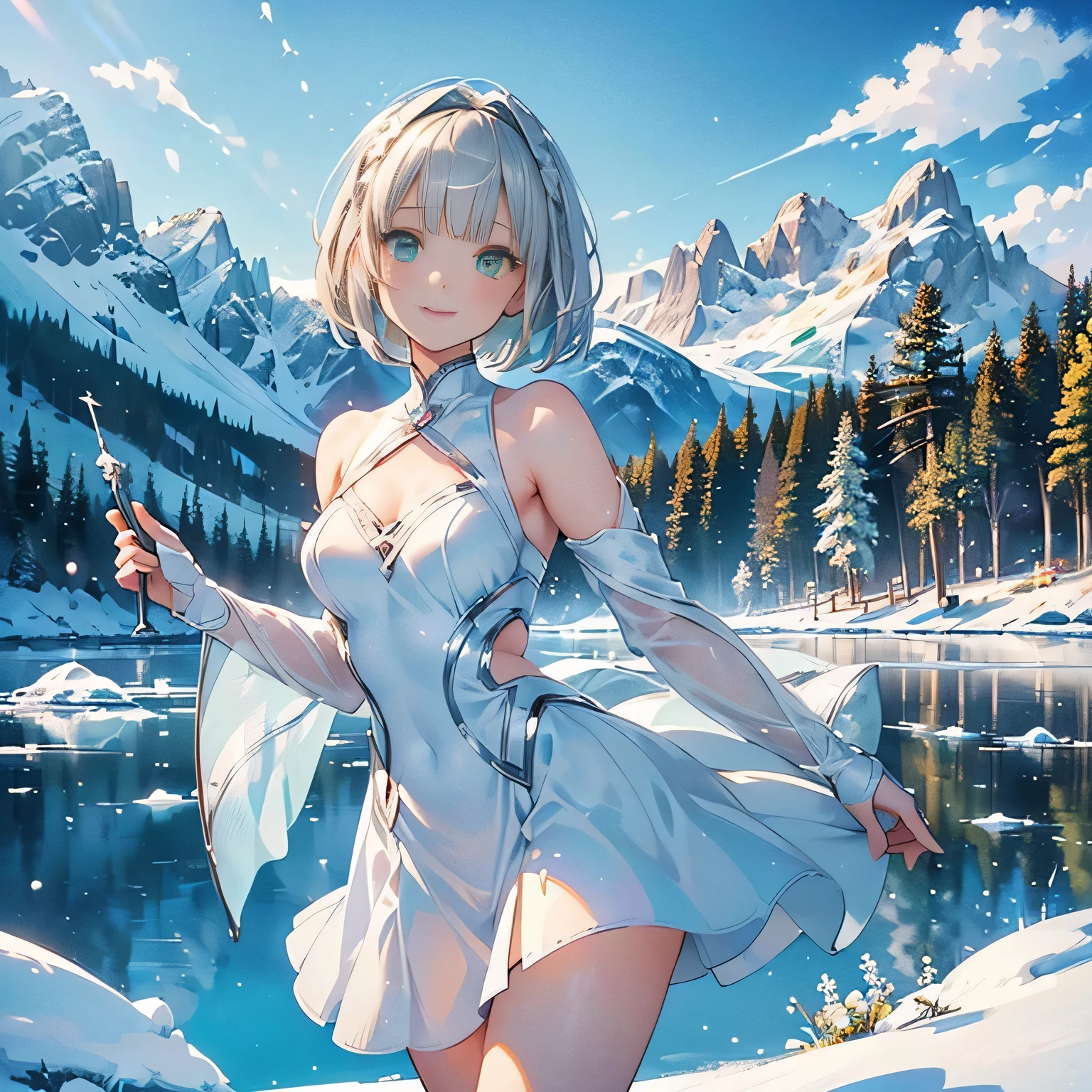 (White figure skate costume),((1girl,cute,young,pixie cut beautiful silver blonde hair,blunt bangs,beautiful green eyes)),(solo),((masterpiece, highest resolution,best quality)), (beautiful illustration),(White figure skate costume),
(looking at the viewer), innocent smile,cinematic lighting,beautiful icy lake and mountains,flowers,trees,snow,blue sky
