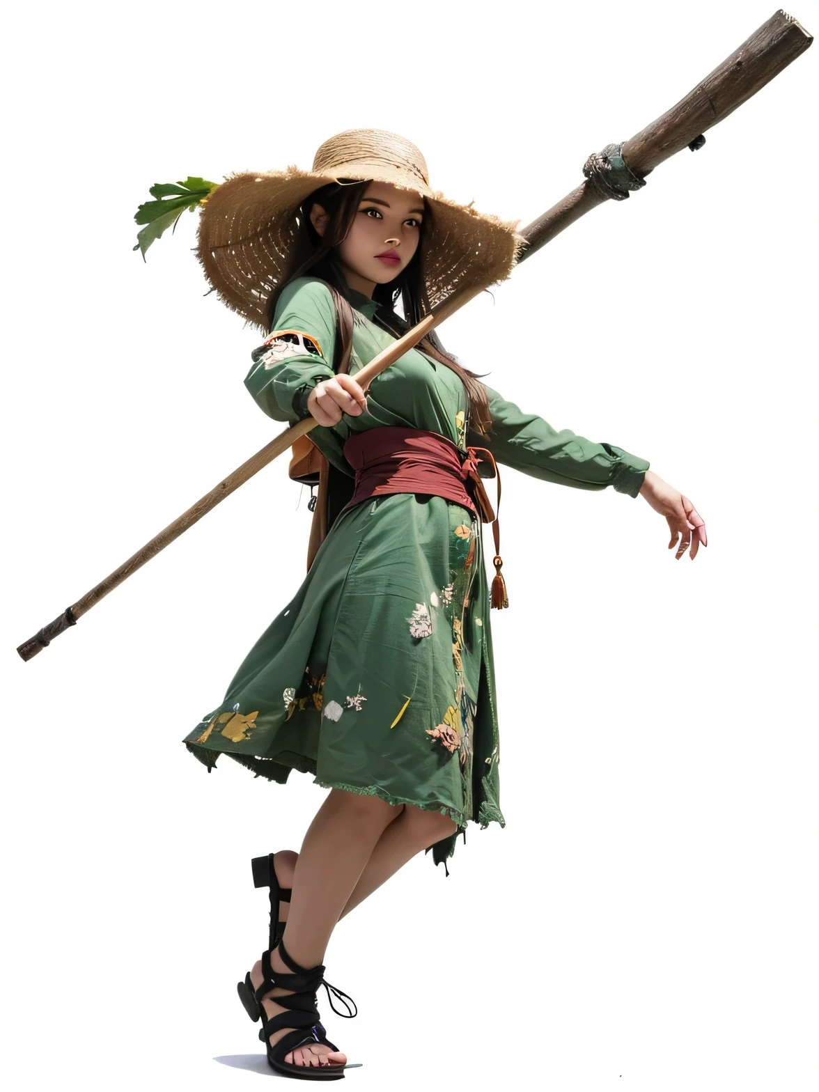 there is a woman in a green dress holding a large stick, guweiz, chinese concept art, artwork in the style of guweiz, artistic render of reimu hakurei, masterpiece , tatter , cheap and torn clothes , rag clothes , old clothes, vintage, a realistic representation of the face, Detailed beautiful delicate face, Detailed beautiful delicate eyes