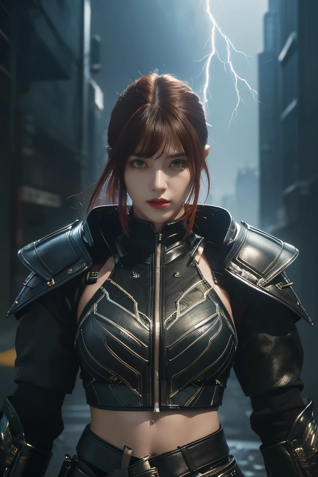 tmasterpiece,Best quality,A high resolution,8K,(Portrait photograph:1.5),(ROriginal photo),real photograph,digital photography,(Combination of cyberpunk and fantasy style),(Female soldier),20 year old girl,random hair style,By bangs,(Red eyeigchest, accessories,Redlip,(He frowned,Sneer),(Cyberpunk combined with fantasy style clothing,Openwork design,joint armor,police uniforms,Racing Girl Coat),exposing your navel,Photo pose,Realisticstyle,Thunder and lightning on rainy day,(Thunder magic),oc render reflection texture