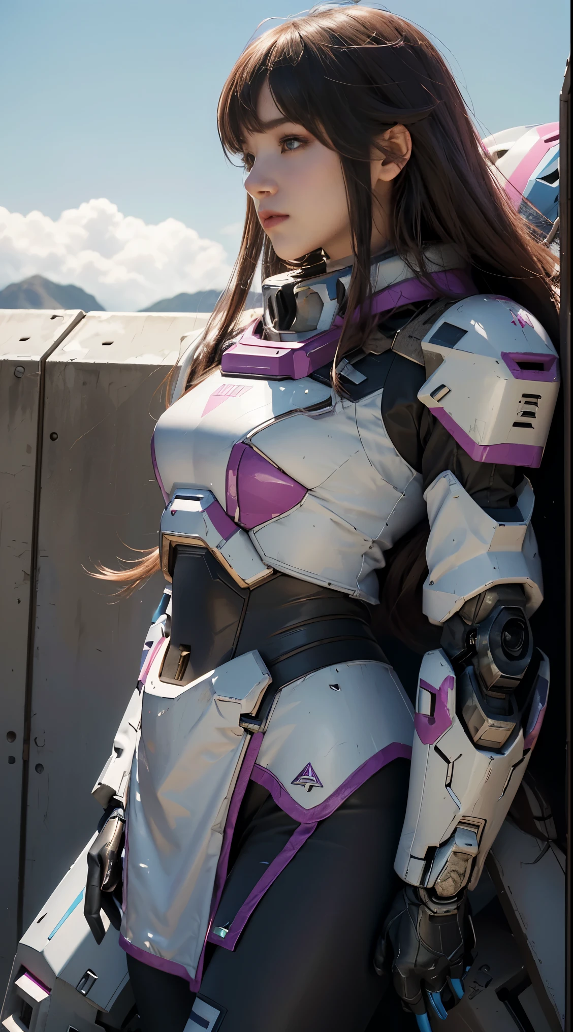 RAW, Masterpiece, Ultra Fine Photo,, Best Quality, Ultra High Resolution, Photorealistic, Sunlight, Full Body Portrait, Stunningly Beautiful,, Dynamic Poses, Delicate Face, Vibrant Eyes, (Side View) a close up of a woman in a pink and white gundam custume, dybamic pose, long brown very very long hair rapunzel, girl in mecha cyber armor, portrait armored astronaut girl, d. va from overwatch, female mecha, on a gundam, gundam head, chiho aoshima color scheme, mobile suit, streamlined purple armor, fully robotic!! girl, realistic cosplay, gundam armor (dynamic pose) (best cameraview), full body