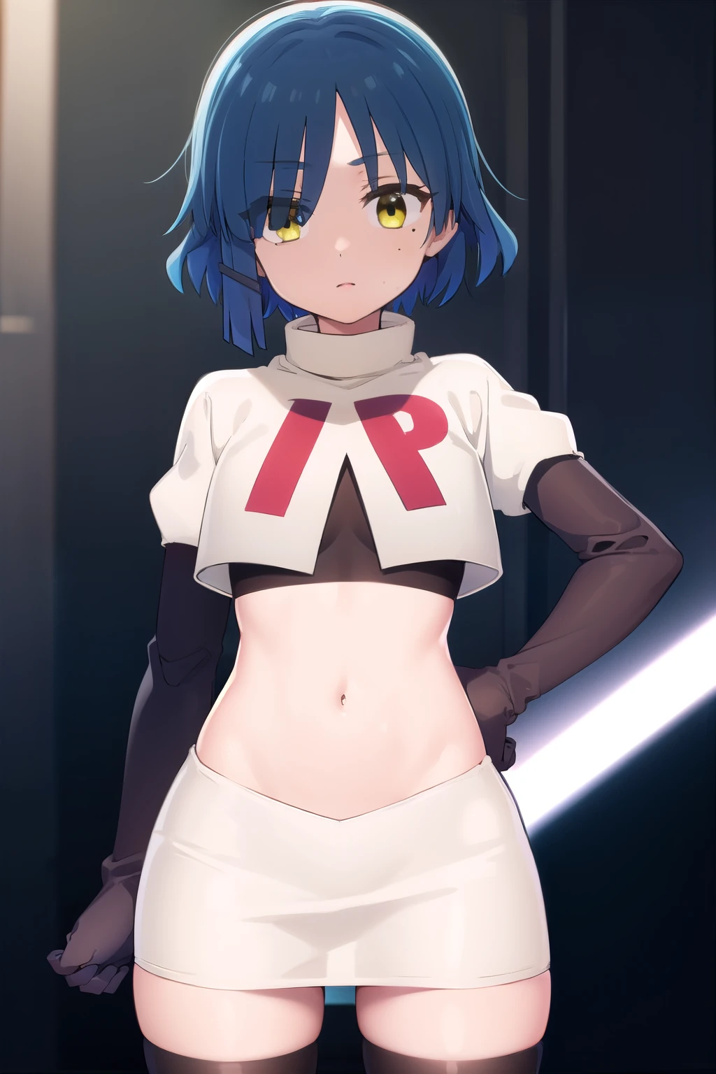 ryouyamada, ryou yamada, blue hair, eyes visible through hair, mole, mole under eye, short hair, (yellow eyes:1.3), hairclips,
BREAK team rocket,team rocket uniform,white skirt,red letter R,crop top,black thigh-highs,black elbow gloves
BREAK looking at viewer, (cowboy shot:1.5),
BREAK (masterpiece:1.2), best quality, high resolution, unity 8k wallpaper, (illustration:0.8), (beautiful detailed eyes:1.6), extremely detailed face, perfect lighting, extremely detailed CG, (perfect hands, perfect anatomy),