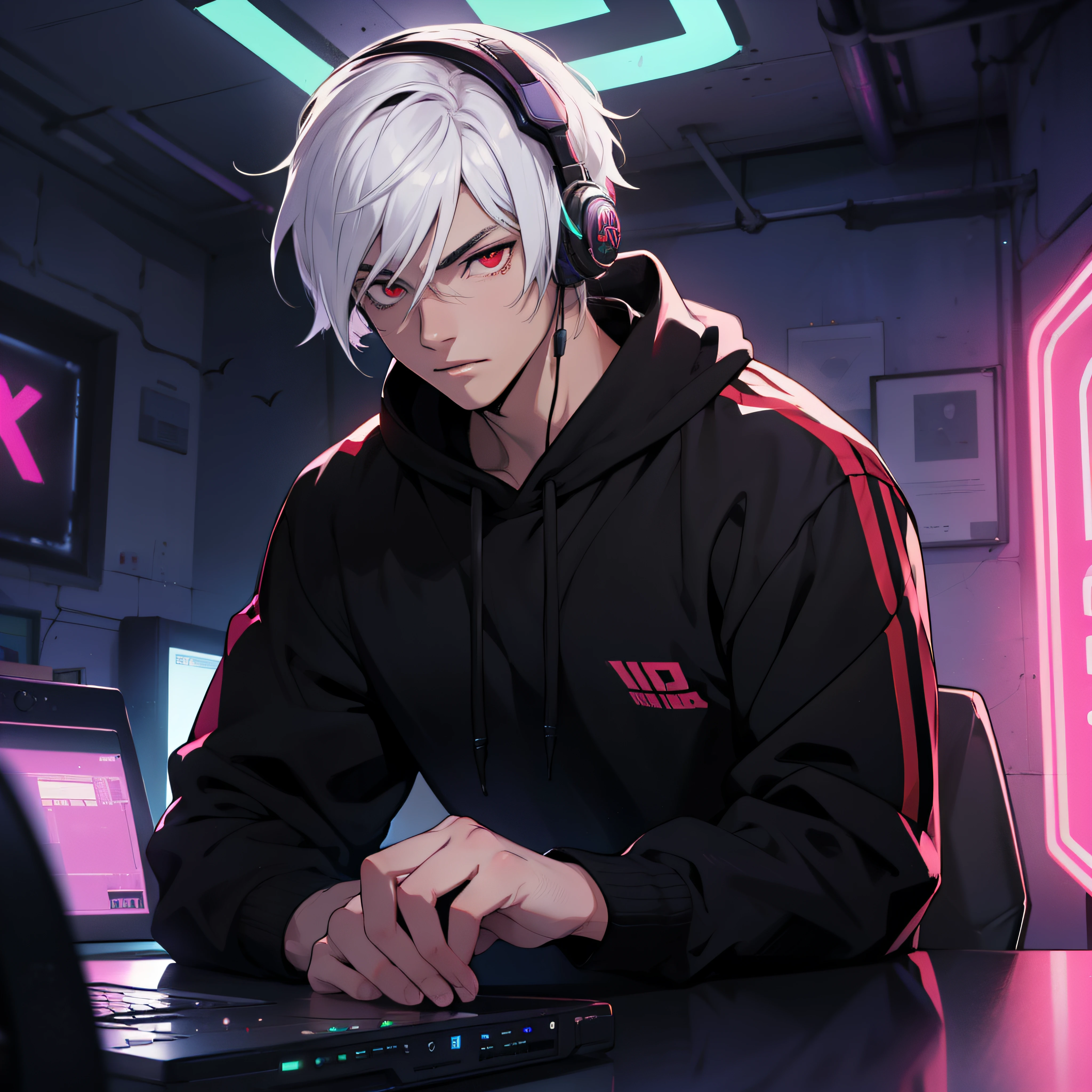 Anime style, 19 year old male vampire, white hair, red eyes, wears headphones, wears a black sweatshirt with purple details, dark room with purple neon lights in the background