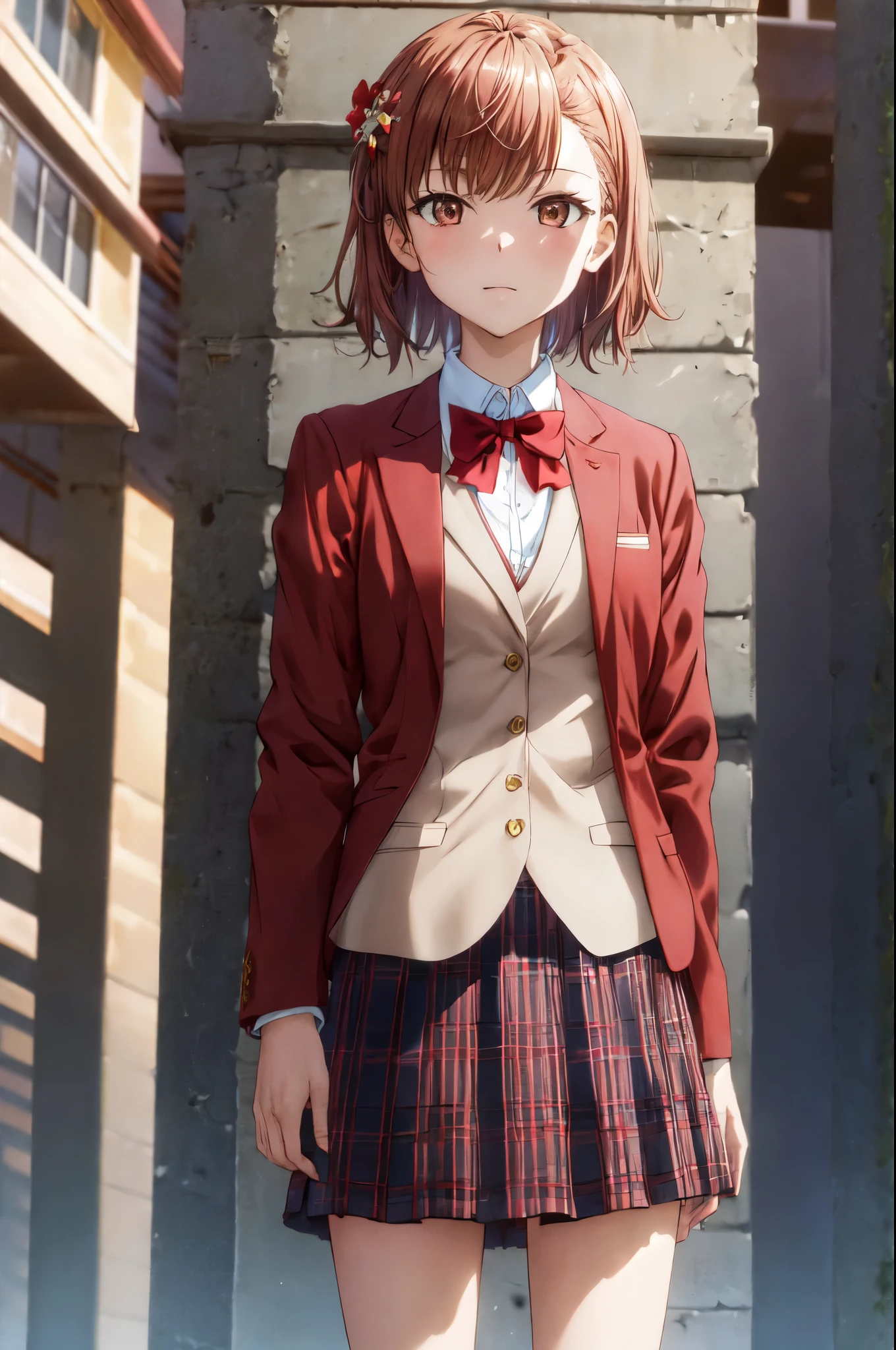 masterpiece, best quality, highres, aamikoto, short hair, hair flower, red bowtie, blazer, brown jacket, long sleeves, plaid skirt, standing, cowboy shot, outdoors