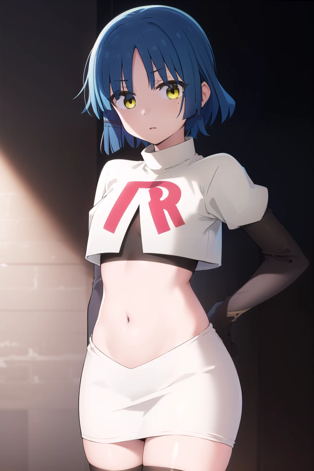 ryouyamada, ryou yamada, blue hair, eyes visible through hair, mole, mole under eye, short hair, (yellow eyes:1.3), hairclips,
BREAK team rocket,team rocket uniform,white skirt,red letter R,crop top,black thigh-highs,black elbow gloves
BREAK looking at viewer, (cowboy shot:1.5),
BREAK (masterpiece:1.2), best quality, high resolution, unity 8k wallpaper, (illustration:0.8), (beautiful detailed eyes:1.6), extremely detailed face, perfect lighting, extremely detailed CG, (perfect hands, perfect anatomy),