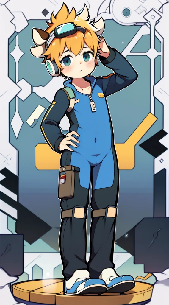 2D Boy Shota，One-piece mountaineering suit，Slim, healthy body，Put the headphones on your head，stand up，goggles，Rabbit ears，happy，sailor collar