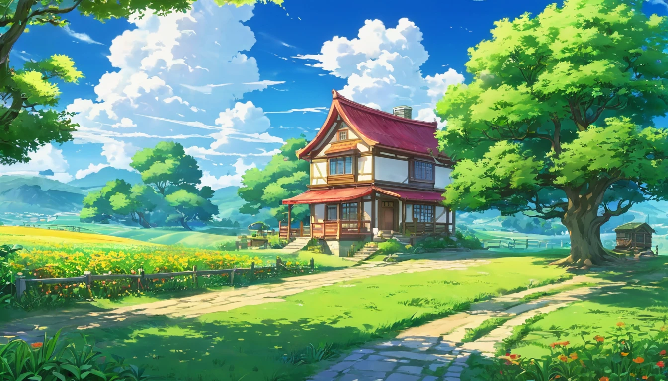 Cartoon landscape with a house and a tree in the middle, anime countryside scenery, anime background art, anime scenery wallpaper, beautiful anime scenery, anime background, distant village background, anime scenery, anime scenery, awesome wallpaper, The Nature of Anime wallpap, background art, hd wallpaper, beautiful anime scene, The Nature of Anime, beautiful wallpaper, anime scenery concept art, landscape wallpaper