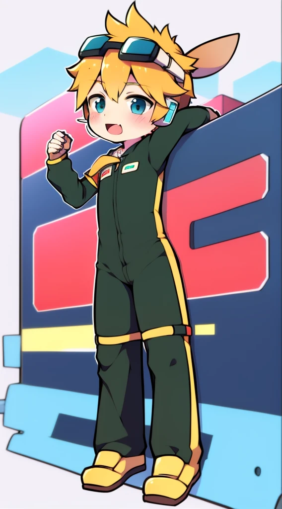 2D Boy Shota，One-piece racing suit，Slim, healthy body，Put the headphones on your head，stand up，goggles，Rabbit ears，happy