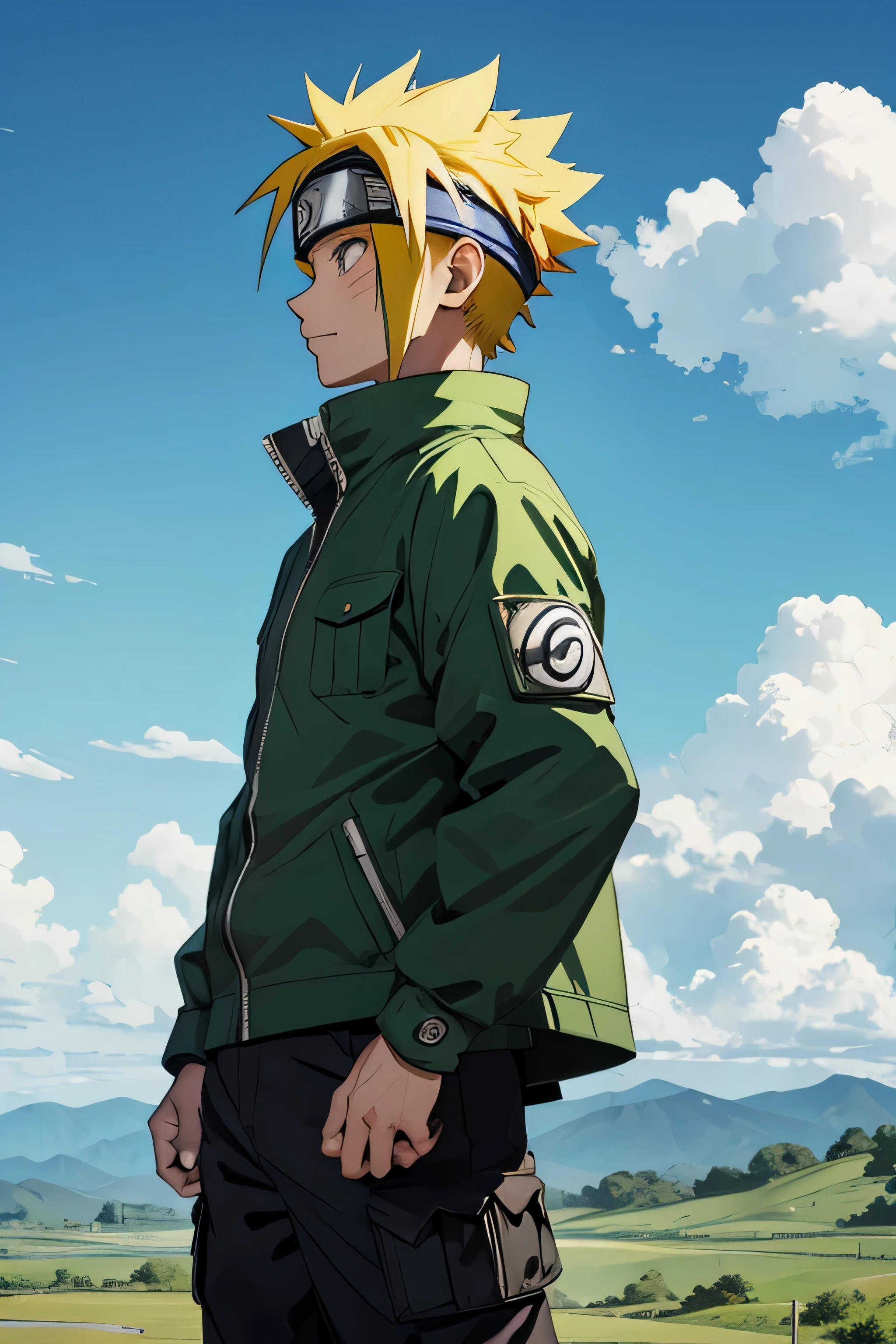 Naruto standing in green valley with clouds, blue sky