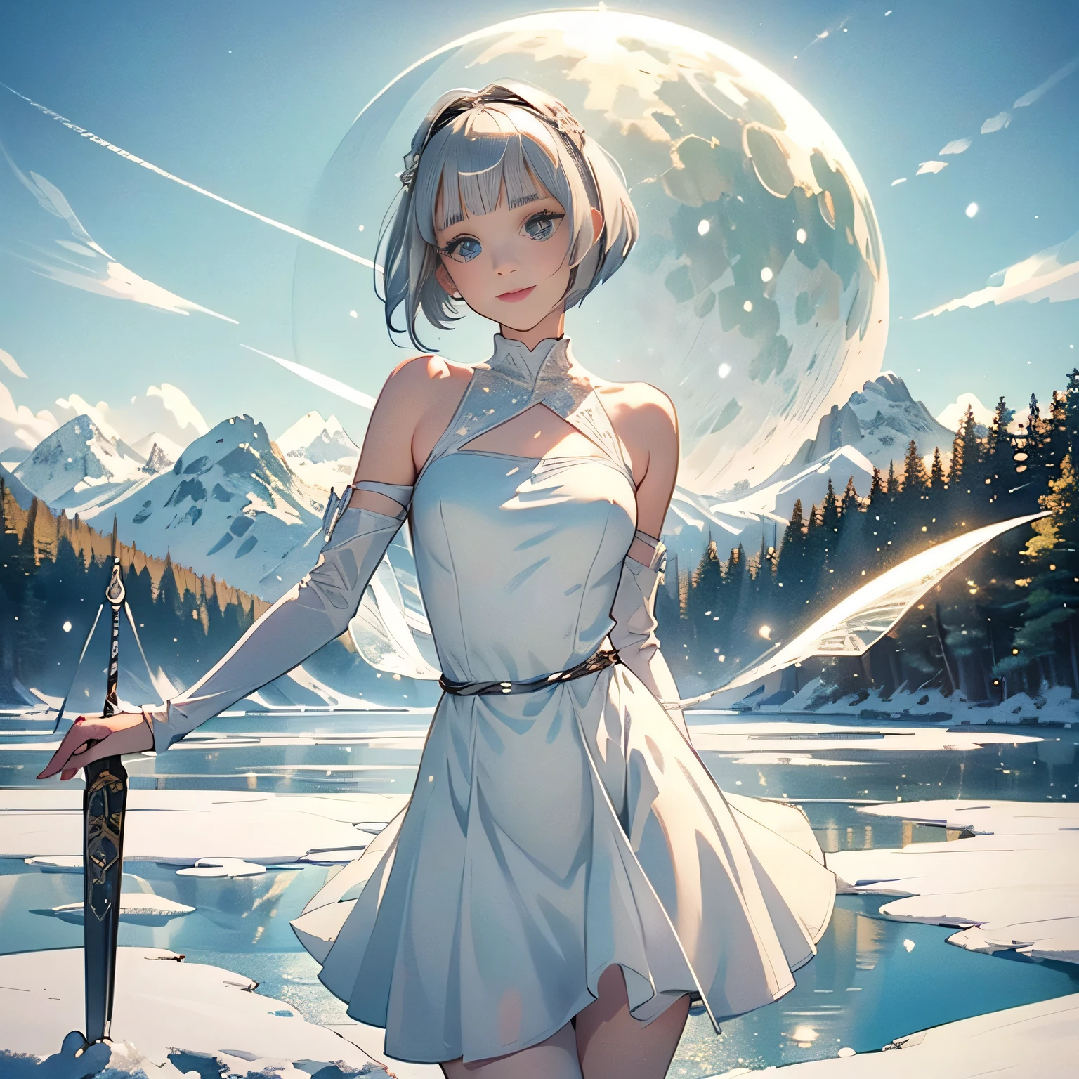 (White figure skate costume),((1girl,cute,young,pixie cut beautiful silver blonde hair,blunt bangs,beautiful green eyes)),(solo),((masterpiece, highest resolution,best quality)), (beautiful illustration),(White figure skate costume),
(looking at the viewer), innocent smile,cinematic lighting,beautiful icy lake and mountains,flowers,trees,snow,blue sky