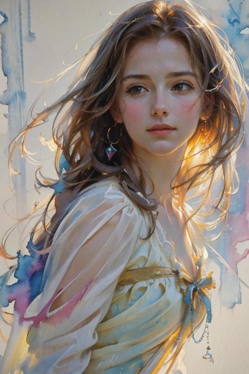 water all around 8K,Masterpiece,Top Quality,From Below,Dynamic Pose,1 Girl,Portrait,Watercolor Sketch,Light,Long Hair,Reaching,Happy,Watercolor˶(Medium), Light Background