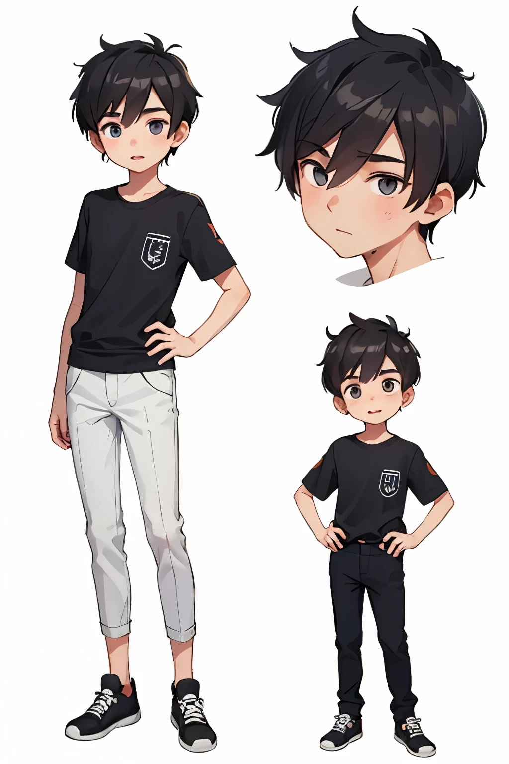 12 year old boy. Height: 1.50m, slim build, varied hair and eyes, round face, fair skin, upright posture, in early puberty, wears youthful clothing.