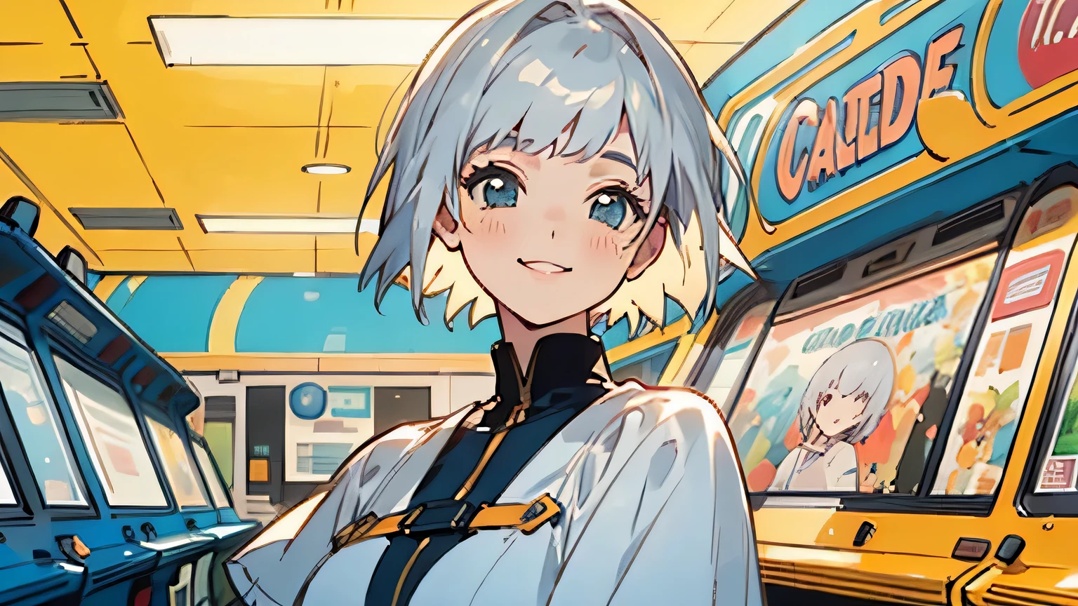 ((best quality)), ((masterpiece)), (detailed), perfect face, cute woman with short silver hair in neat clothes is smiling lightly in the background of the old arcade center. Bright summer mood, Brightness,