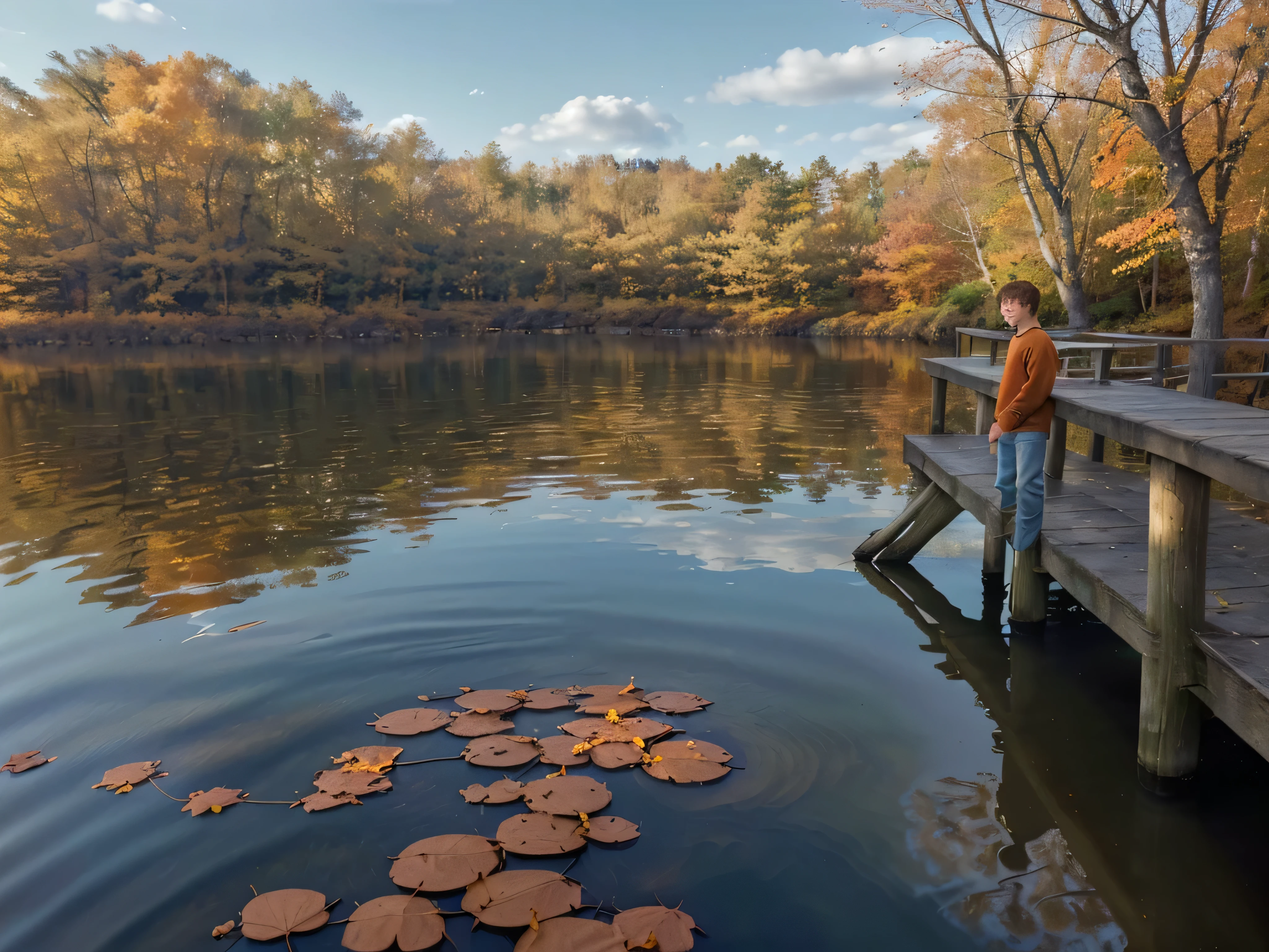 Boy throwing coins into a pond in anime