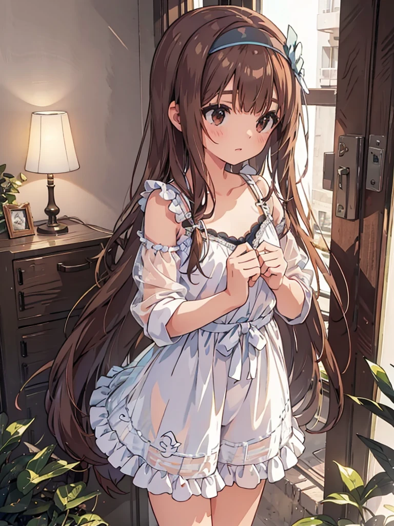 beautiful illustrations, highest quality, pretty girl, 1girl, Bedroom, pastel colour, (two-separated lingerie), reddish brown long hair, headband, cute lingerie, bright lighting