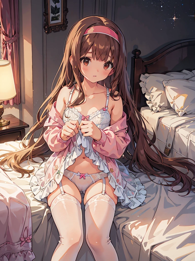 beautiful illustrations, highest quality, pretty girl, 1girl, Bedroom, pastel colour, (two-separated lingerie), reddish brown long hair, headband, cute lingerie, bright lighting