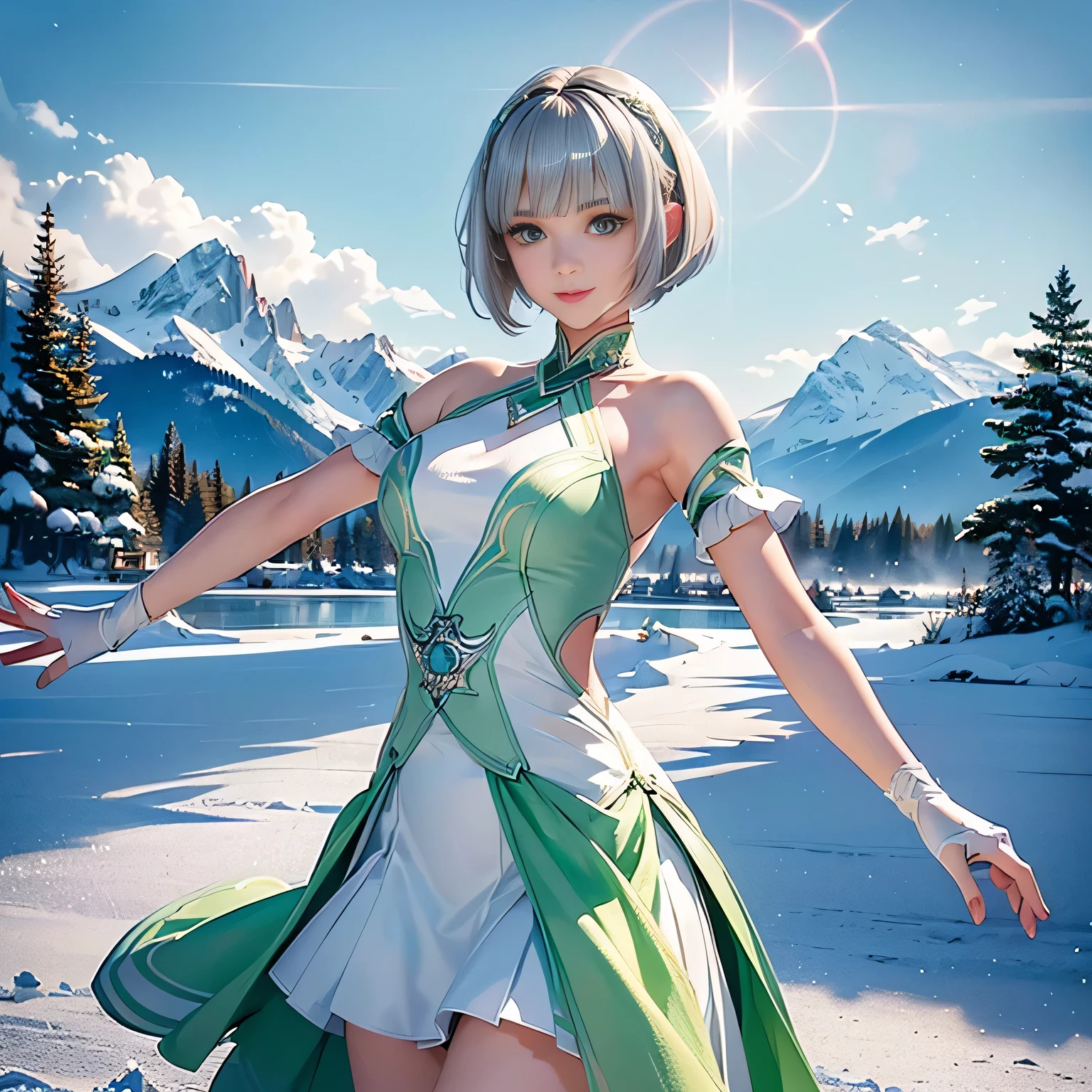 (White figure skate costume),((1girl,cute,young,pixie cut beautiful silver blonde hair,blunt bangs,beautiful green eyes)),(solo),((masterpiece, highest resolution,best quality)), (beautiful illustration),(White figure skate costume),
 (looking at the viewer), innocent smile,cinematic lighting,beautiful icy lake and mountains,flowers,trees,snow,blue sky