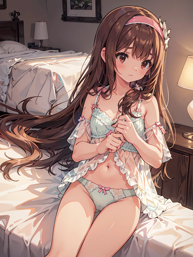 beautiful illustrations, highest quality, pretty girl, 1girl, Bedroom, pastel colour, (two-separated lingerie), reddish brown long hair, headband, cute lingerie, bright lighting