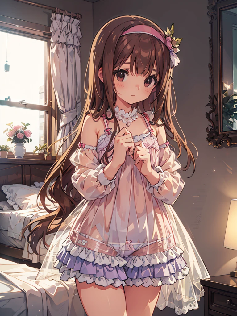 beautiful illustrations, highest quality, pretty girl, 1girl, Bedroom, pastel colour, (two-separated lingerie), reddish brown long hair, headband, cute lingerie, bright lighting