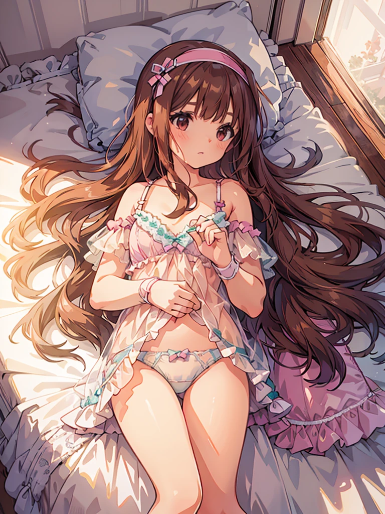 beautiful illustrations, highest quality, pretty girl, 1girl, Bedroom, pastel colour, (two-separated lingerie), reddish brown long hair, headband, cute lingerie, bright lighting