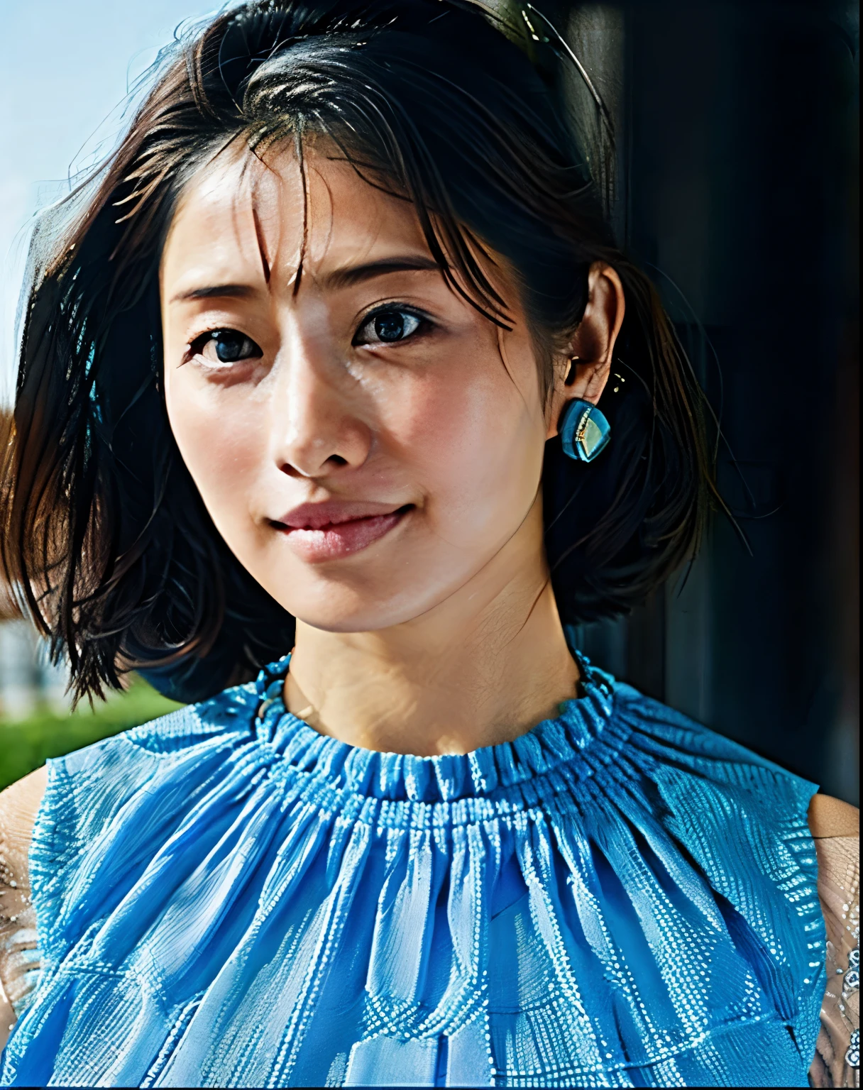 a woman posing on the street corner with light Blue clothes on, highest quality, High resolution, 8k, 1peopleの女の子, Day, bright, Outdoor, (street:0.8), (people々, crowd:1), (lace trim dress:1.5, Light blue clothes:1.5, Blue High Neck Dress:1.5, Sleeveless dress, Blue clothes: 1.5), nice, (amount, Medium Hair), Beautifully detailed skies, Beautiful earrings, (Dynamic pose:0.8), (Upper Body:1.2), Soft lighting, Wind, Shiny skin, View your viewers, pain,pained expression,