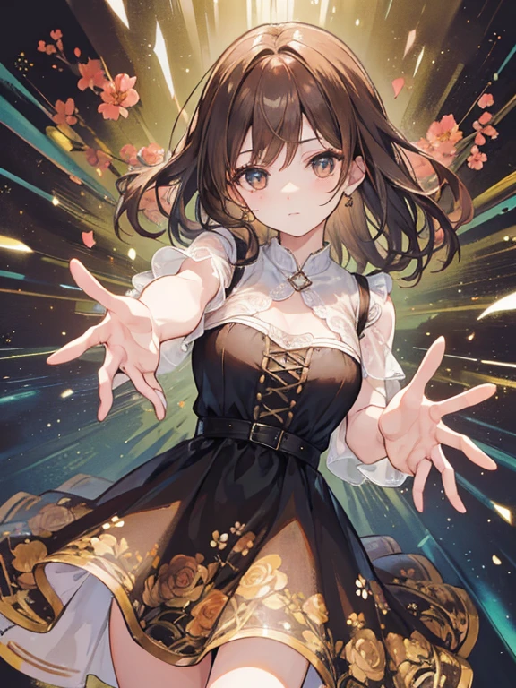 an image of a beautiful woman with light brown hair and bright brown ouos waving with both hands wearing a black floral dress.