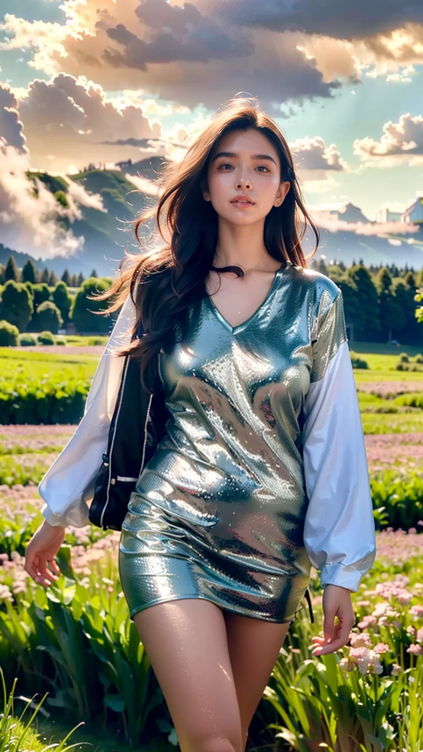 (realistic:1.3), finely detailed, quality, rembrandt lighting, (masterpiece:1.2), (photorealistic:1.2), (best quality), (detailed skin:1.3), (intricate details), dramatic, ray tracing, 1girl, shor hair, 21 years old, medium breasts, (Meadow, Sun, Clouds, Field, Farming, Starlight, Walking trail)