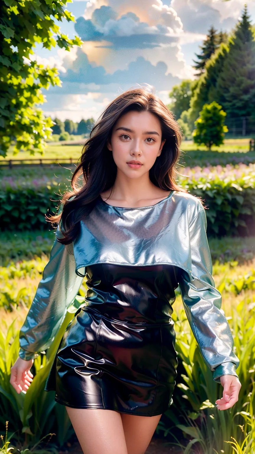 (realistic:1.3), finely detailed, quality, rembrandt lighting, (masterpiece:1.2), (photorealistic:1.2), (best quality), (detailed skin:1.3), (intricate details), dramatic, ray tracing, 1girl, shor hair, 21 years old, medium breasts, (Meadow, Sun, Clouds, Field, Farming, Starlight, Walking trail)