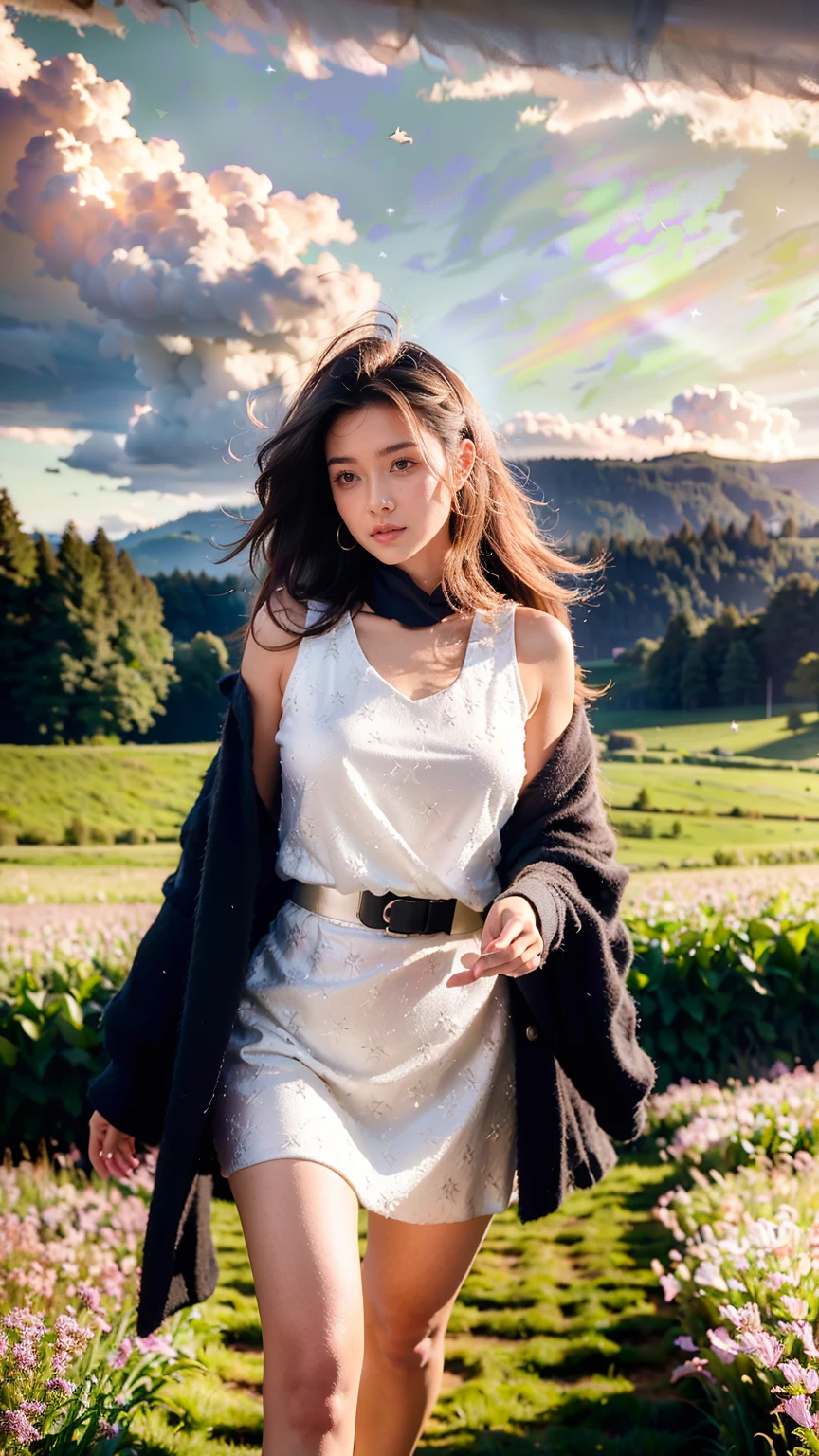 (realistic:1.3), finely detailed, quality, rembrandt lighting, (masterpiece:1.2), (photorealistic:1.2), (best quality), (detailed skin:1.3), (intricate details), dramatic, ray tracing, 1girl, shor hair, 21 years old, medium breasts, (Meadow, Sun, Clouds, Field, Farming, Starlight, Walking trail)