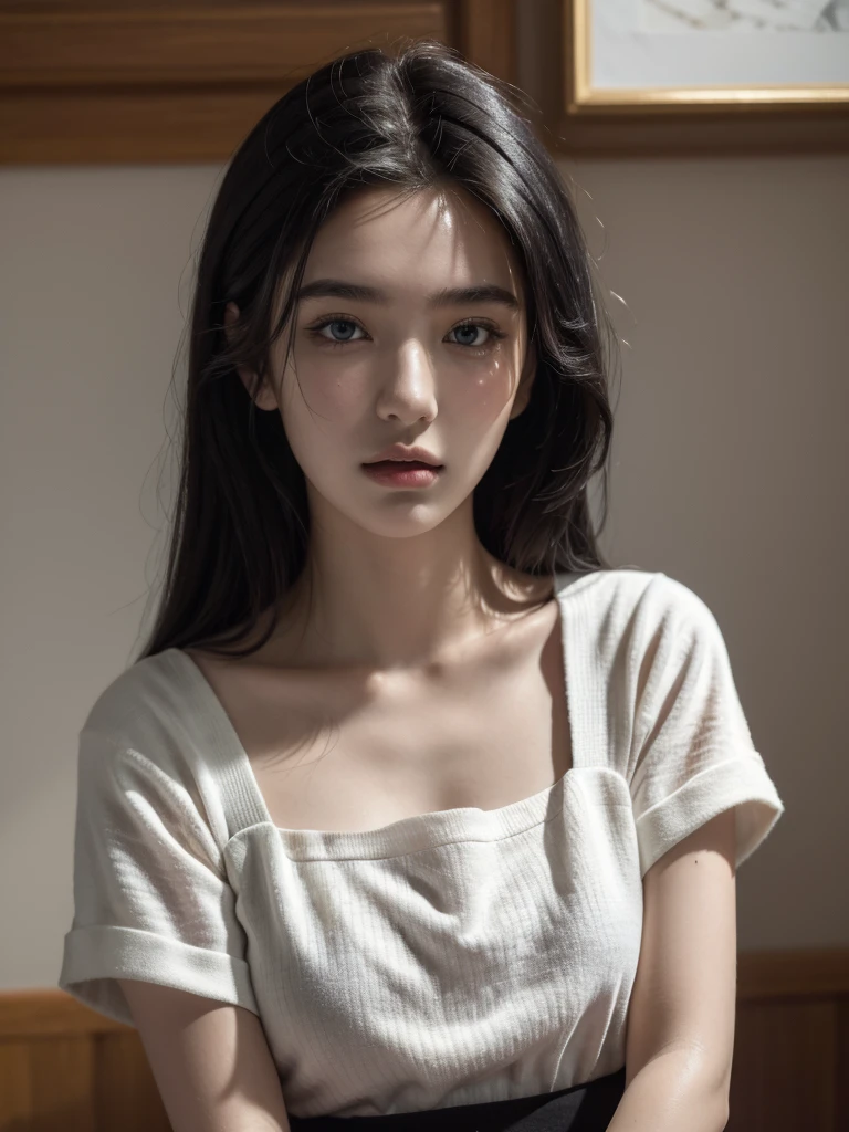 Portrait of a cute -yeld tewith a perfect, beautiful face, Russian, in panties, in bed (dark private study, dark, moody light: 1.2)