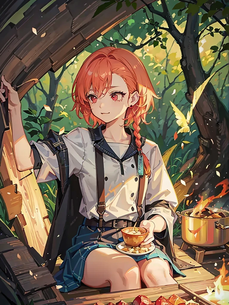 (best quality,4k,highres,masterpiece:1.2),(realistic,photorealistic:1.37),a girl camping in the spring with cherry blossoms, her hair in a unique two-tone color, sparkling and detailed eyes, delicate freckles on her cheeks, expressive red eyes, ear piercings that add to her cool style, surrounded by the vibrant colors of nature. She is preparing a delicious campfire meal with fresh ingredients, using a frying pan to toast bread over the crackling firewood. The sun shines warmly, casting a golden glow on the scene. The atmosphere is peaceful and joyful, capturing the essence of a perfect camping experience.