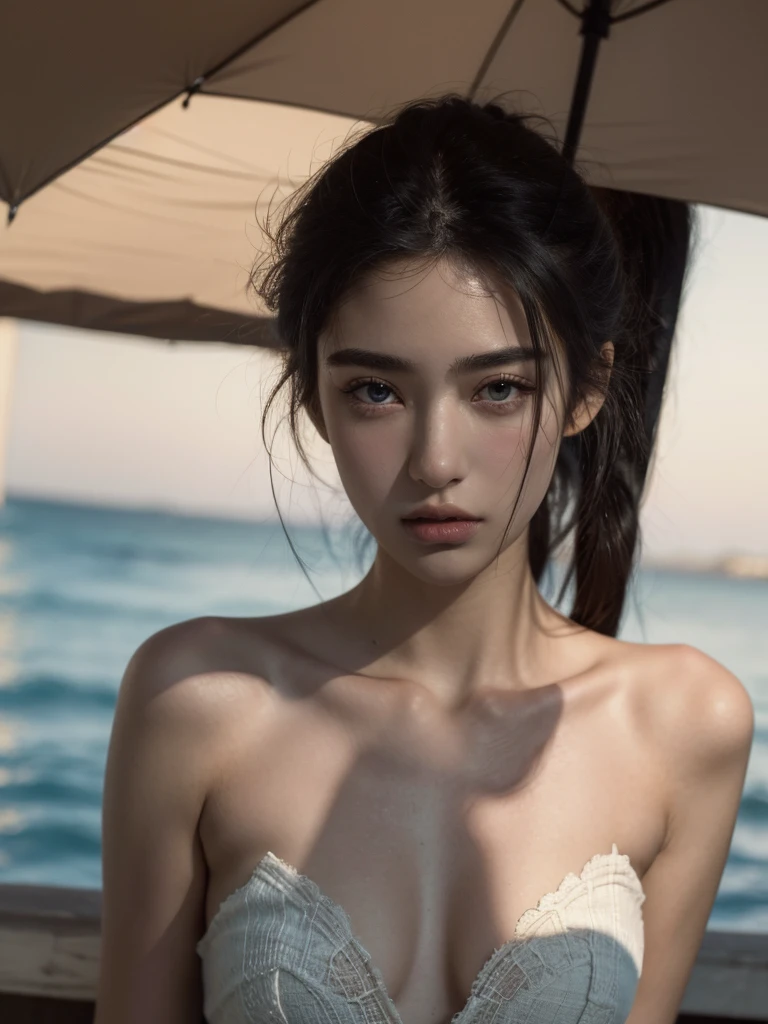 ( masterpiece, top quality, best quality,8k,17 years old girl,ultra detailed,raw photo:1.5),(photorealistic:1.4), (black hair:1.5), (cinematic lighting), PerfectNwsjMajic, , Surrealism, UHD, ccurate, Super detail, textured skin, High detail, Best quality, dynamic angle, White skin,[Beautiful blue eyes], high nose,[flat chest:large breasts:0.5],(1girl),((good anatomy,muted tones:0.5)),