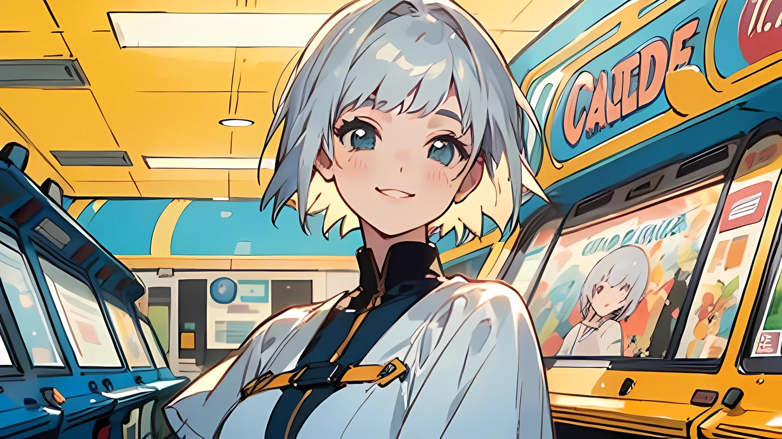 ((best quality)), ((masterpiece)), (detailed), perfect face, cute woman with short silver hair in neat clothes is smiling lightly in the background of the old arcade center. Bright summer mood, Brightness,
